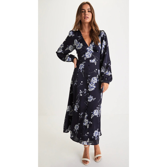 Lulus Navy Blue Button Detail Floral Midi Dress Size: Xlarge - Picture 8 of 11